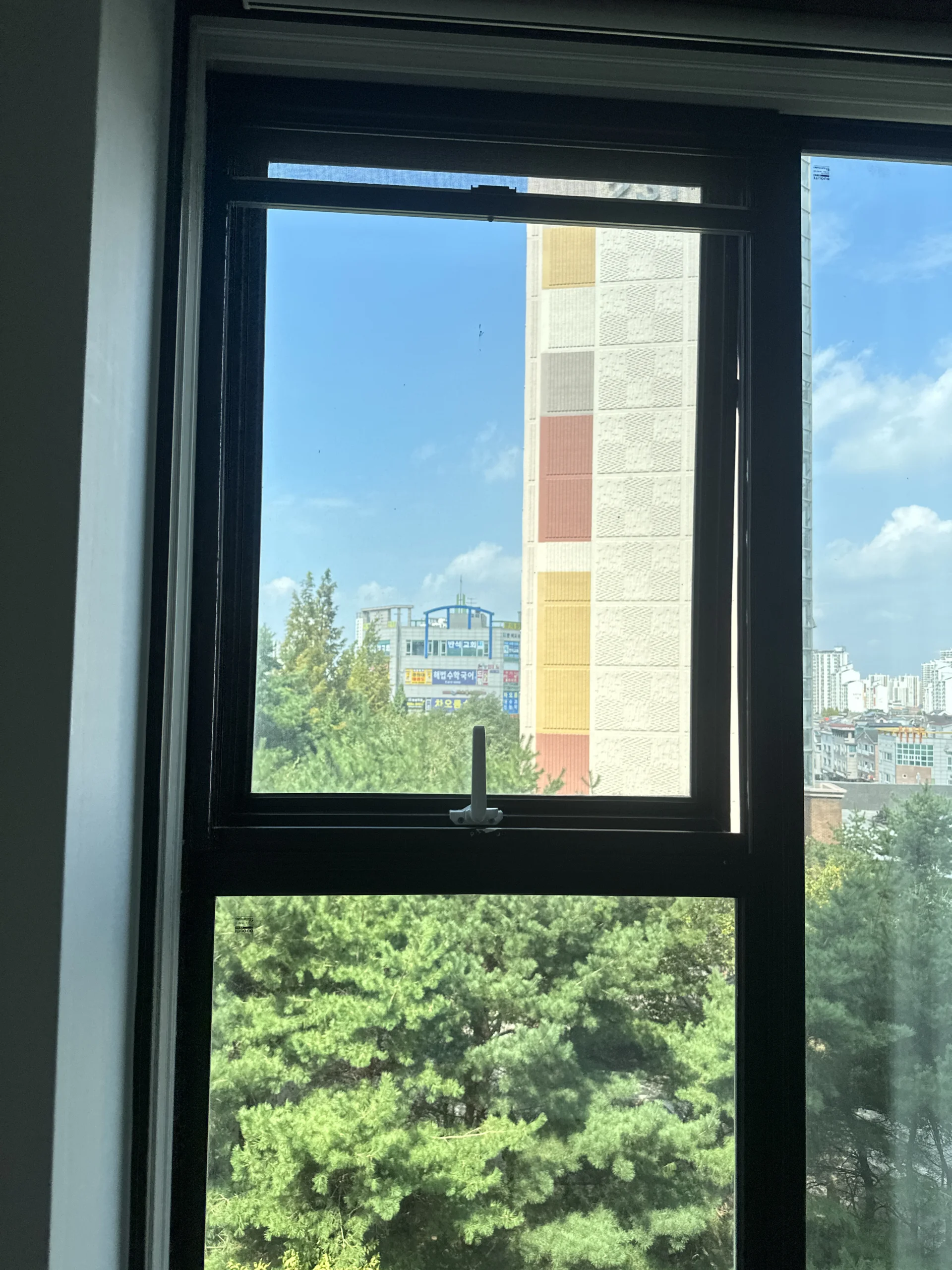 한쪽은 열리고 다른 한쪽은 닫힌 검은 프레임 창문 두 짝